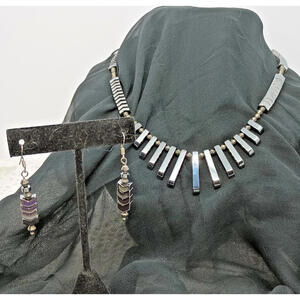 Hematite 18" Bib Necklace Hook 2" Dangle Earrings Arrow Bar Bead Unbranded